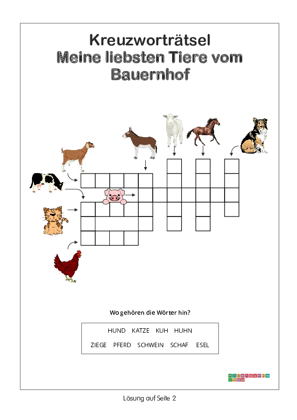 Kreuzworträtsel Kindergarten - Tiere vom Bauernhof